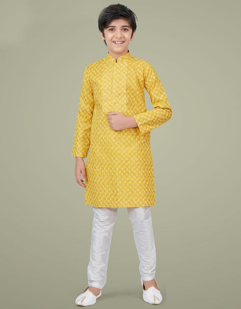 Yellow Kurta Pajama Printed Cotton Silk