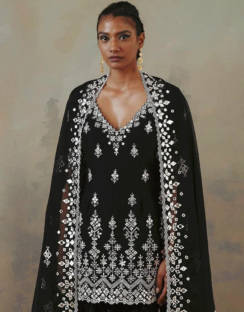 Black Lehenga style Suit Faux Georgette Salwar Kameez in Embroidery, Mirror & Lace Work Closure View