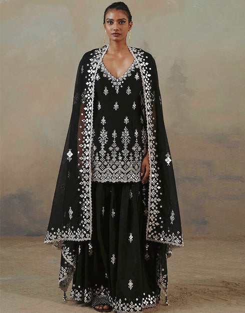 Black Lehenga style Suit Faux Georgette Salwar Kameez in Embroidery, Mirror & Lace Work