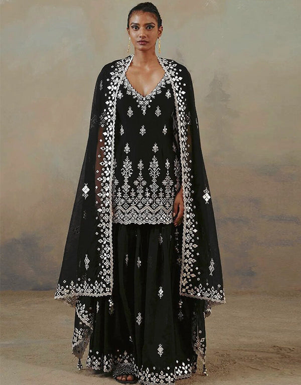 Black Lehenga style Suit Faux Georgette Salwar Kameez in Embroidery, Mirror & Lace Work