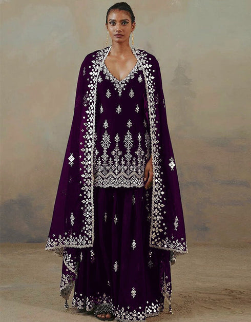 Purple Lehenga style Suit Faux Georgette Salwar Kameez in Embroidery, Mirror & Lace Work