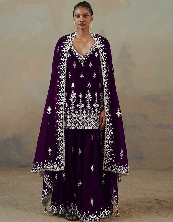 Purple Lehenga style Suit Faux Georgette Salwar Kameez in Embroidery, Mirror & Lace Work