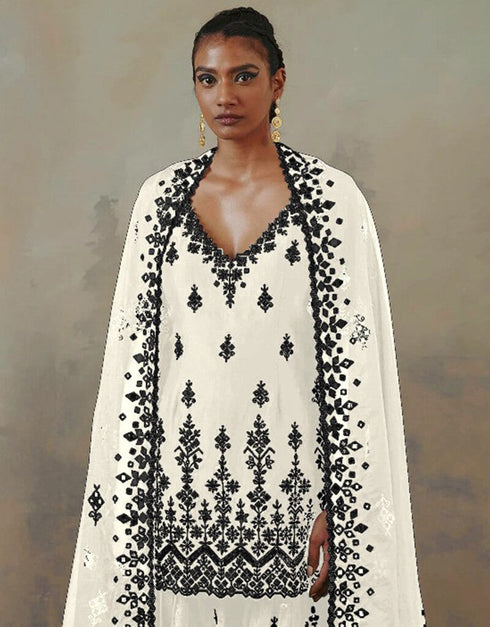 White Lehenga style Suit Faux Georgette Salwar Kameez in Embroidery, Mirror & Lace Work Closure View