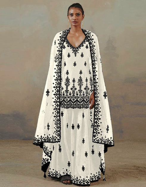 White Lehenga style Suit Faux Georgette Salwar Kameez in Embroidery, Mirror & Lace Work