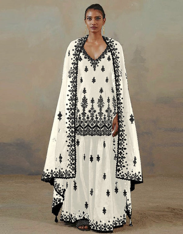 White Lehenga style Suit Faux Georgette Salwar Kameez in Embroidery, Mirror & Lace Work