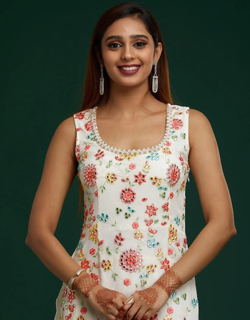 White Sharara style Suit Faux Georgette Salwar Kameez in Embroidery, Mirror & Lace Work Closure View