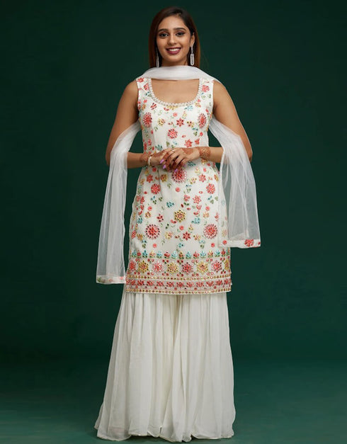 White Sharara style Suit Faux Georgette Salwar Kameez in Embroidery, Mirror & Lace Work