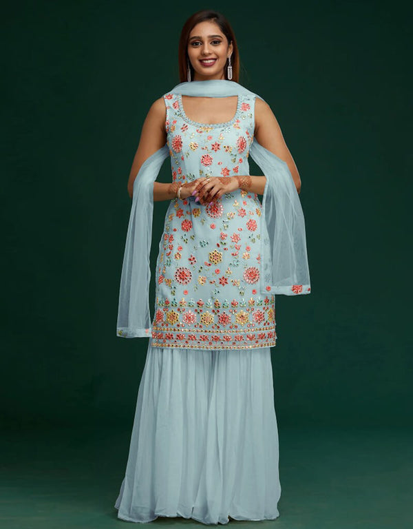 Light Sky Blue Sharara style Suit Faux Georgette Salwar Kameez in Embroidery, Mirror & Lace Work