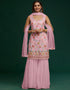 Light Rose Pink Sharara style Suit Faux Georgette Salwar Kameez in Embroidery, Mirror & Lace Work