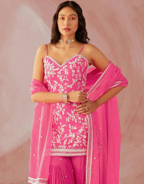 Pink Sharara style Suit Faux Georgette Salwar Kameez in Sequins Embroidery & Lace Work Closure View
