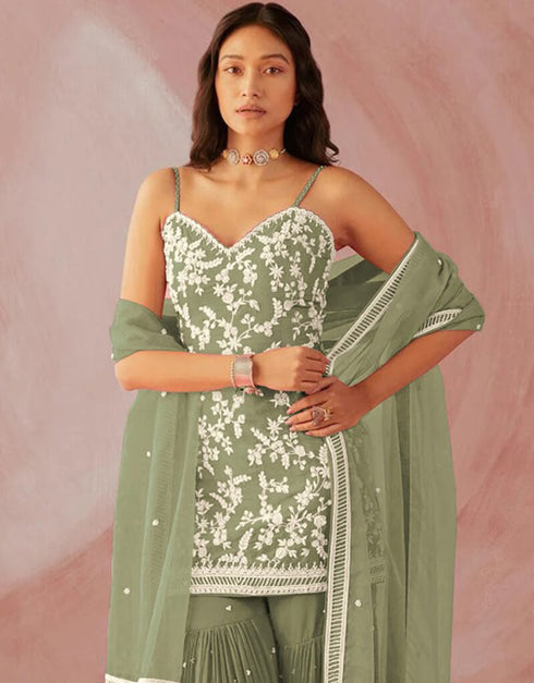 Light Green Sharara style Suit Faux Georgette Salwar Kameez in Sequins Embroidery & Lace Work Closure View