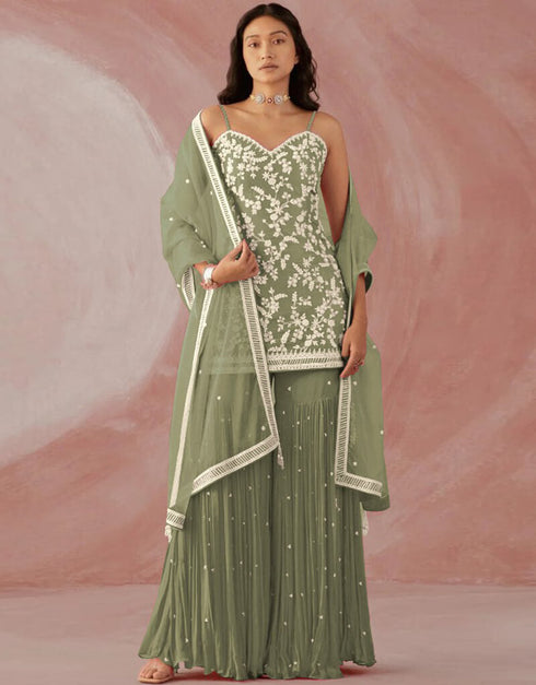 Light Green Sharara style Suit Faux Georgette Salwar Kameez in Sequins Embroidery & Lace Work