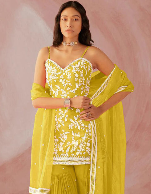 Yellow Sharara style Suit Faux Georgette Salwar Kameez in Sequins Embroidery & Lace Work Closure View