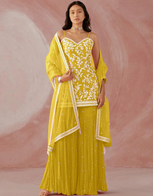 Yellow Sharara style Suit Faux Georgette Salwar Kameez in Sequins Embroidery & Lace Work