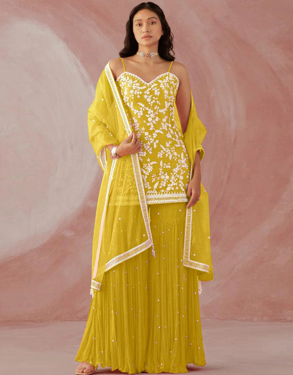 Yellow Sharara style Suit Faux Georgette Salwar Kameez in Sequins Embroidery & Lace Work