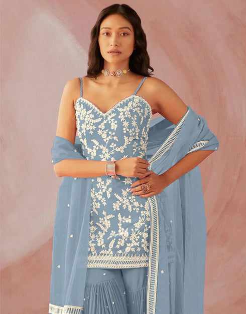 Light Blue Sharara style Suit Faux Georgette Salwar Kameez in Sequins Embroidery & Lace Work Closure View