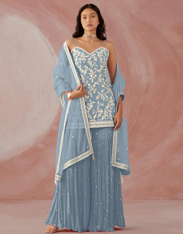 Light Blue Sharara style Suit Faux Georgette Salwar Kameez in Sequins Embroidery & Lace Work