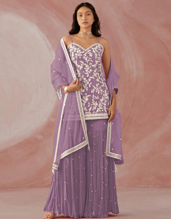 Light Lavender Sharara style Suit Faux Georgette Salwar Kameez in Sequins Embroidery & Lace Work