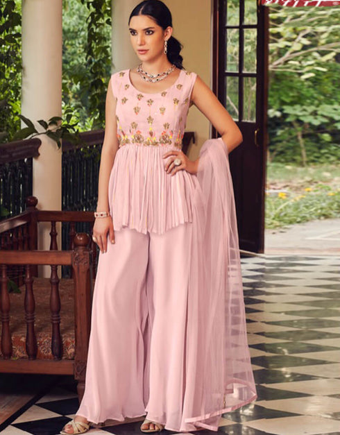 Light Pastel Pink Palazzo style Dress Ready-Made Suits Salwar Kameez in Embroidery, Hand Work & Lace Work