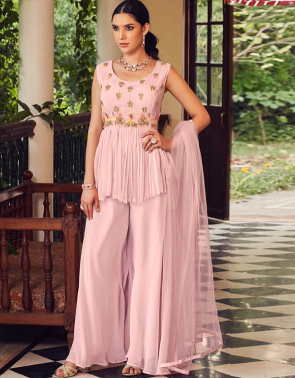 Light Pastel Pink Palazzo style Dress Ready-Made Suits Salwar Kameez in Embroidery, Hand Work & Lace Work