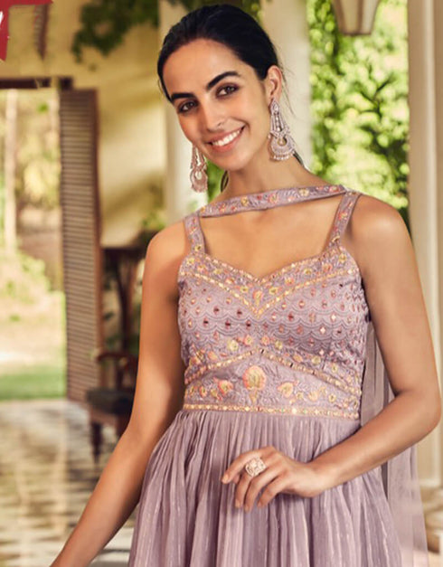 Light Purple Palazzo style Dress Ready-Made Suits Salwar Kameez in Embroidery, Hand Work & Lace Work Closure View