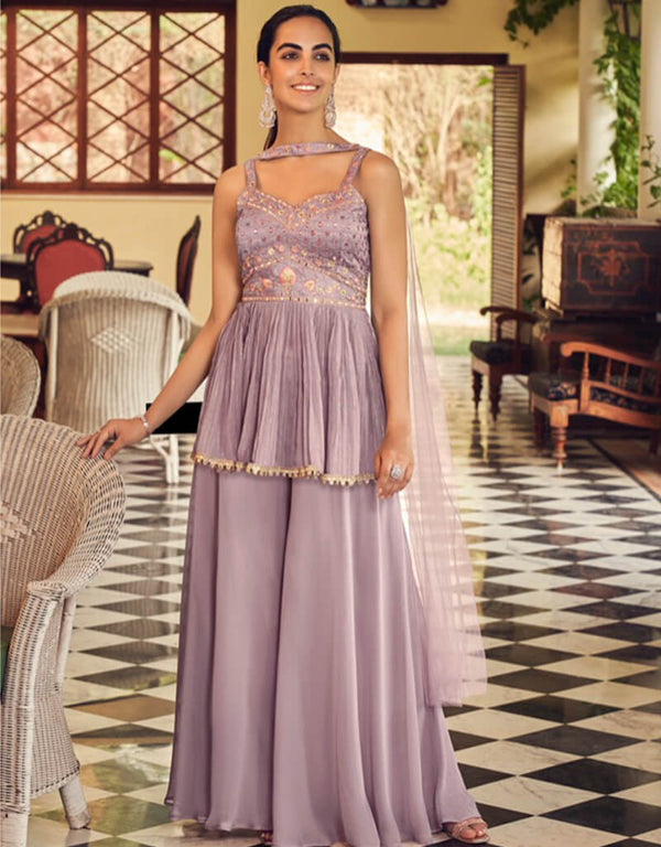 Light Purple Palazzo style Dress Ready-Made Suits Salwar Kameez in Embroidery, Hand Work & Lace Work