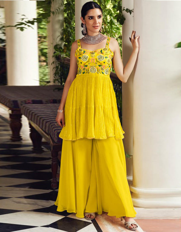 Yellow Palazzo style Dress Ready-Made Suits Salwar Kameez in Embroidery, Hand Work & Lace Work