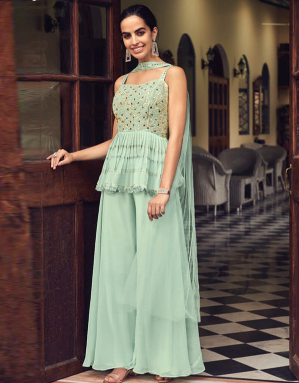 Light Green Palazzo style Dress Ready-Made Suits Salwar Kameez in Embroidery, Mirror & Lace Work