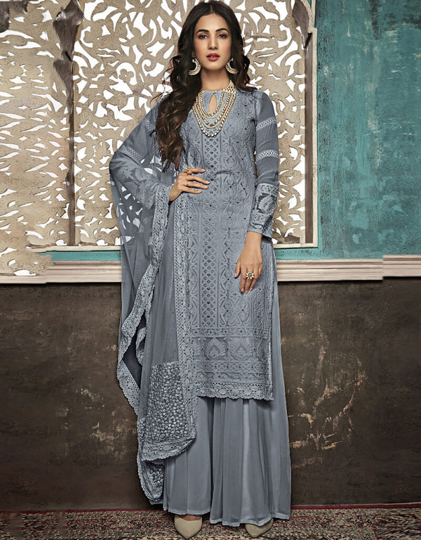 Grey Palazzo style Suit Faux Georgette Salwar Kameez in Heavy Embroidery & Lace Work