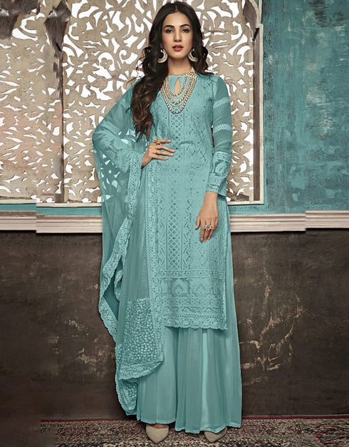 Blue Palazzo style Suit Faux Georgette Salwar Kameez in Heavy Embroidery & Lace Work