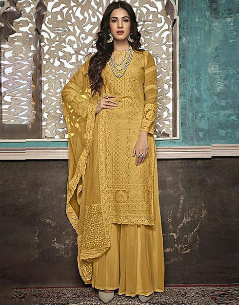 Yellow Palazzo style Suit Faux Georgette Salwar Kameez in Heavy Embroidery & Lace Work