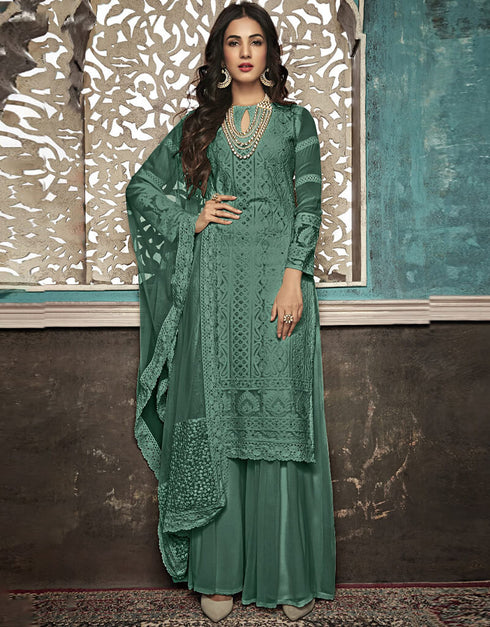 Dark Green Palazzo style Suit Faux Georgette Salwar Kameez in Heavy Embroidery & Lace Work
