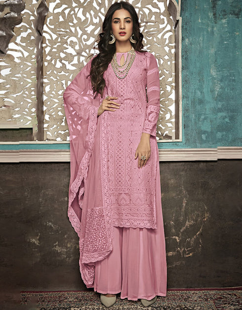 Rose Pink Palazzo style Suit Faux Georgette Salwar Kameez in Heavy Embroidery & Lace Work