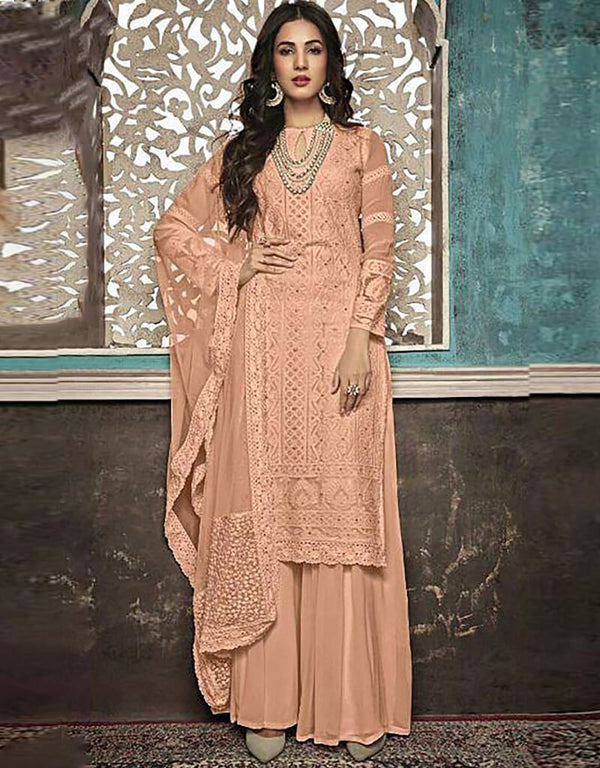 Beige Palazzo style Suit Faux Georgette Salwar Kameez in Heavy Embroidery & Lace Work