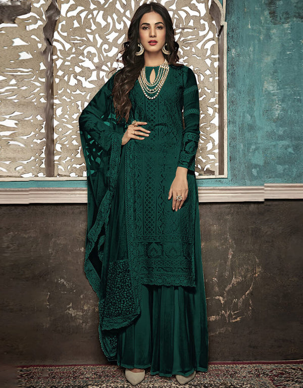 Green Palazzo style Suit Faux Georgette Salwar Kameez in Heavy Embroidery & Lace Work