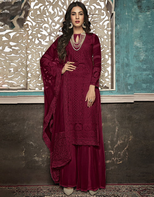 Maroon Palazzo style Suit Faux Georgette Salwar Kameez in Heavy Embroidery & Lace Work
