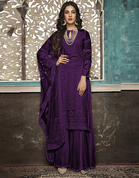 Purple Palazzo style Suit Faux Georgette Salwar Kameez in Heavy Embroidery & Lace Work