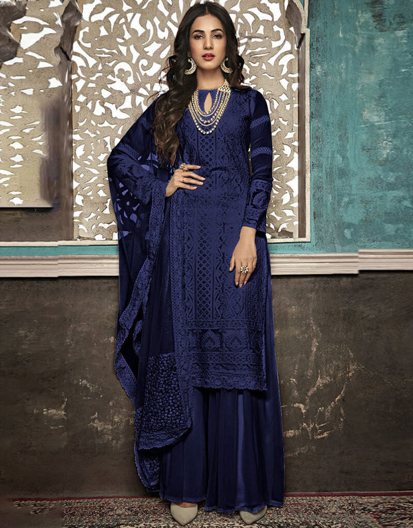 Blue Palazzo style Suit Faux Georgette Salwar Kameez in Heavy Embroidery & Lace Work