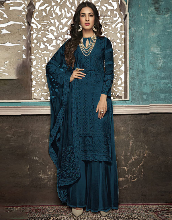 Rama Palazzo style Suit Faux Georgette Salwar Kameez in Heavy Embroidery & Lace Work