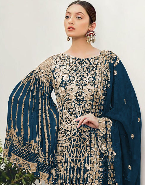 Royal Blue Pant style Suits Georgette Salwar Kameez in Seqiuns Embroidery, Stone & Lace Work Closure View