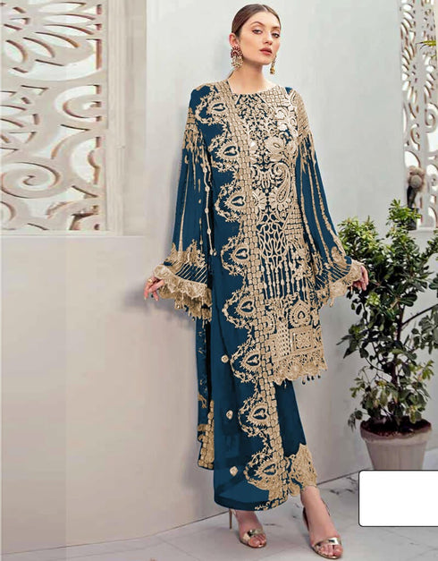 Royal Blue Pant style Suits Georgette Salwar Kameez in Seqiuns Embroidery, Stone & Lace Work