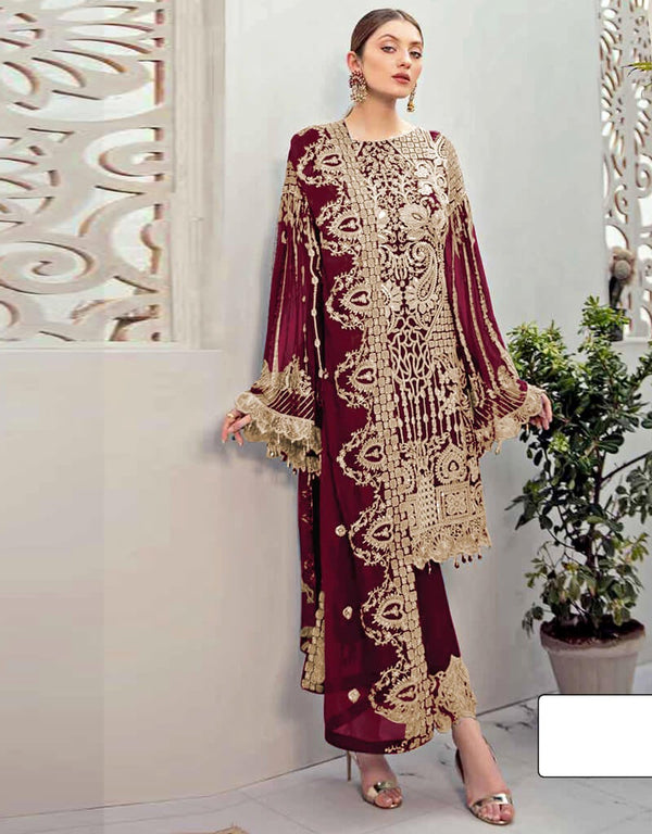 Maroon Pant style Suits Georgette Salwar Kameez in Seqiuns Embroidery, Stone & Lace Work