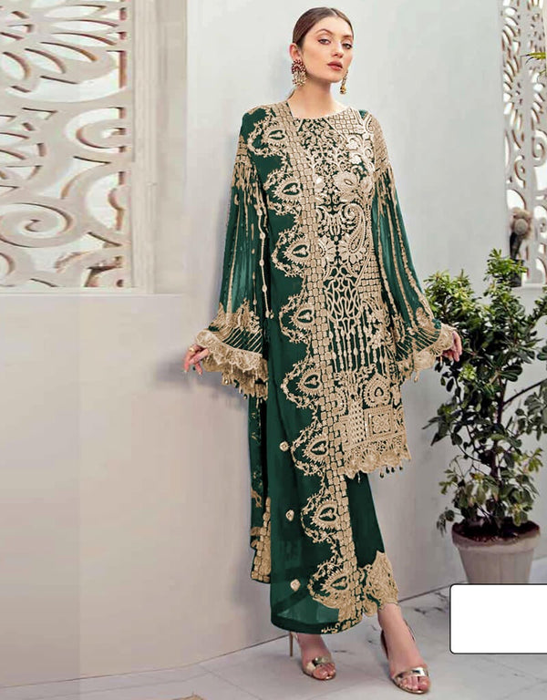 Dark Green Pant style Suits Georgette Salwar Kameez in Seqiuns Embroidery, Stone & Lace Work