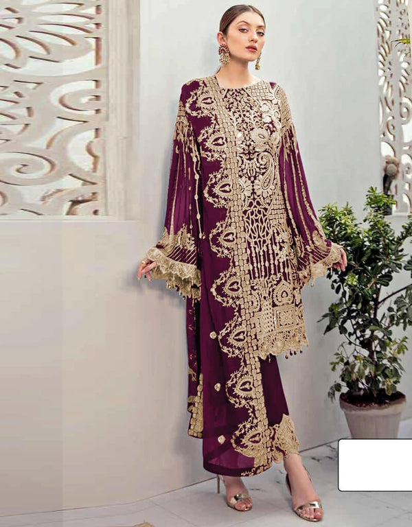 Dark Purple Pant style Suits Georgette Salwar Kameez in Seqiuns Embroidery, Stone & Lace Work