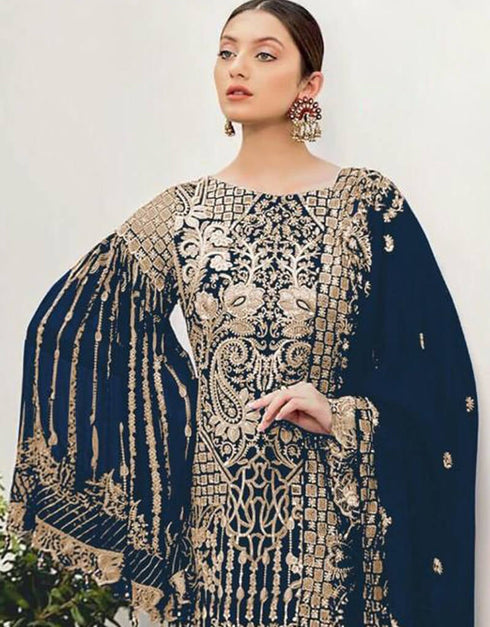 Blue Pant style Suits Georgette Salwar Kameez in Seqiuns Embroidery, Stone & Lace Work Closure View