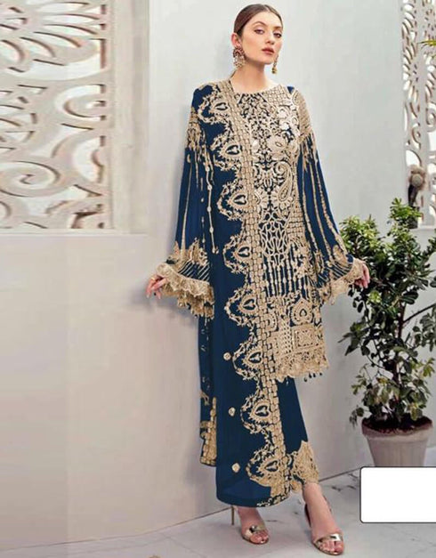 Blue Pant style Suits Georgette Salwar Kameez in Seqiuns Embroidery, Stone & Lace Work