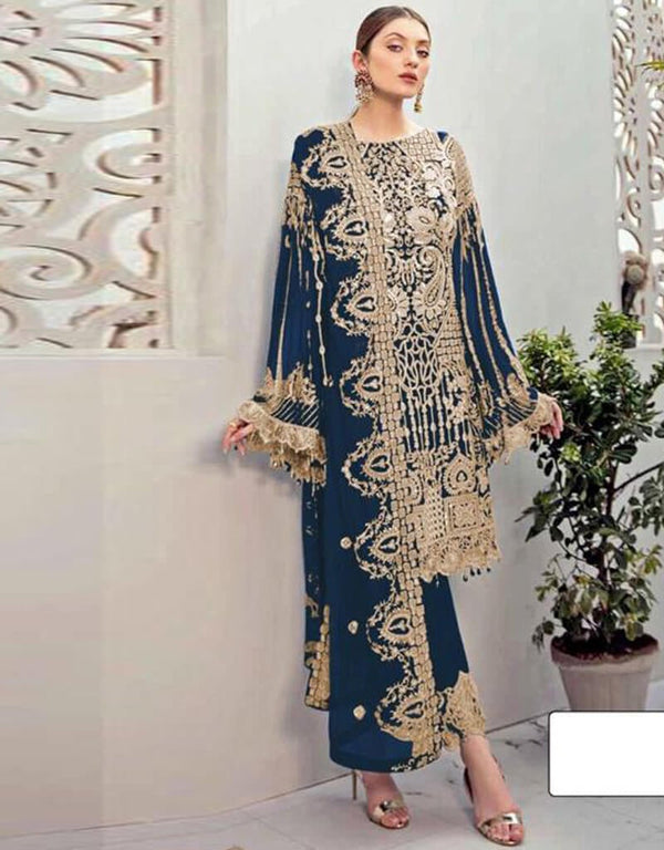 Blue Pant style Suits Georgette Salwar Kameez in Seqiuns Embroidery, Stone & Lace Work