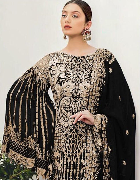 Black Pant style Suits Georgette Salwar Kameez in Seqiuns Embroidery, Stone & Lace Work Closure View