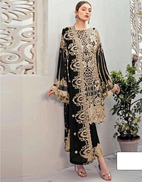 Black Pant style Suits Georgette Salwar Kameez in Seqiuns Embroidery, Stone & Lace Work