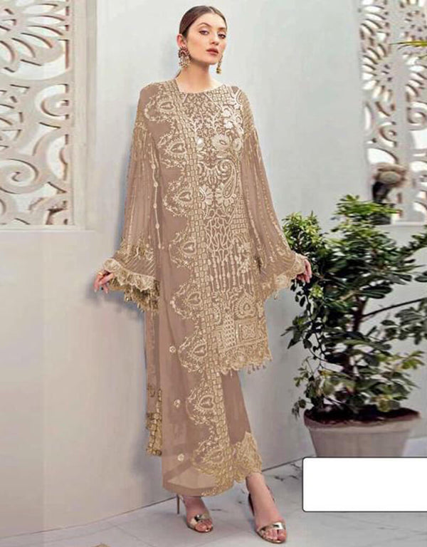 Light Brown Pant style Suits Georgette Salwar Kameez in Seqiuns Embroidery, Stone & Lace Work